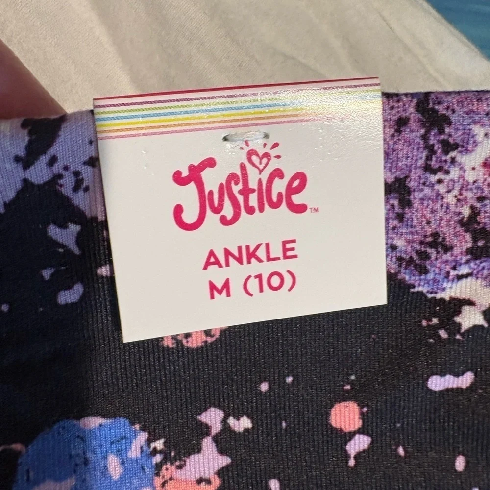 Justice Splatter Print Leggings in Pink, Purple, and Blue